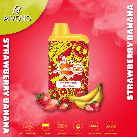 Vaping Supplies Near Me - Aivono AIM MAGIC 5800 Mouth Box Cigarette Strawberry Banana D24H093